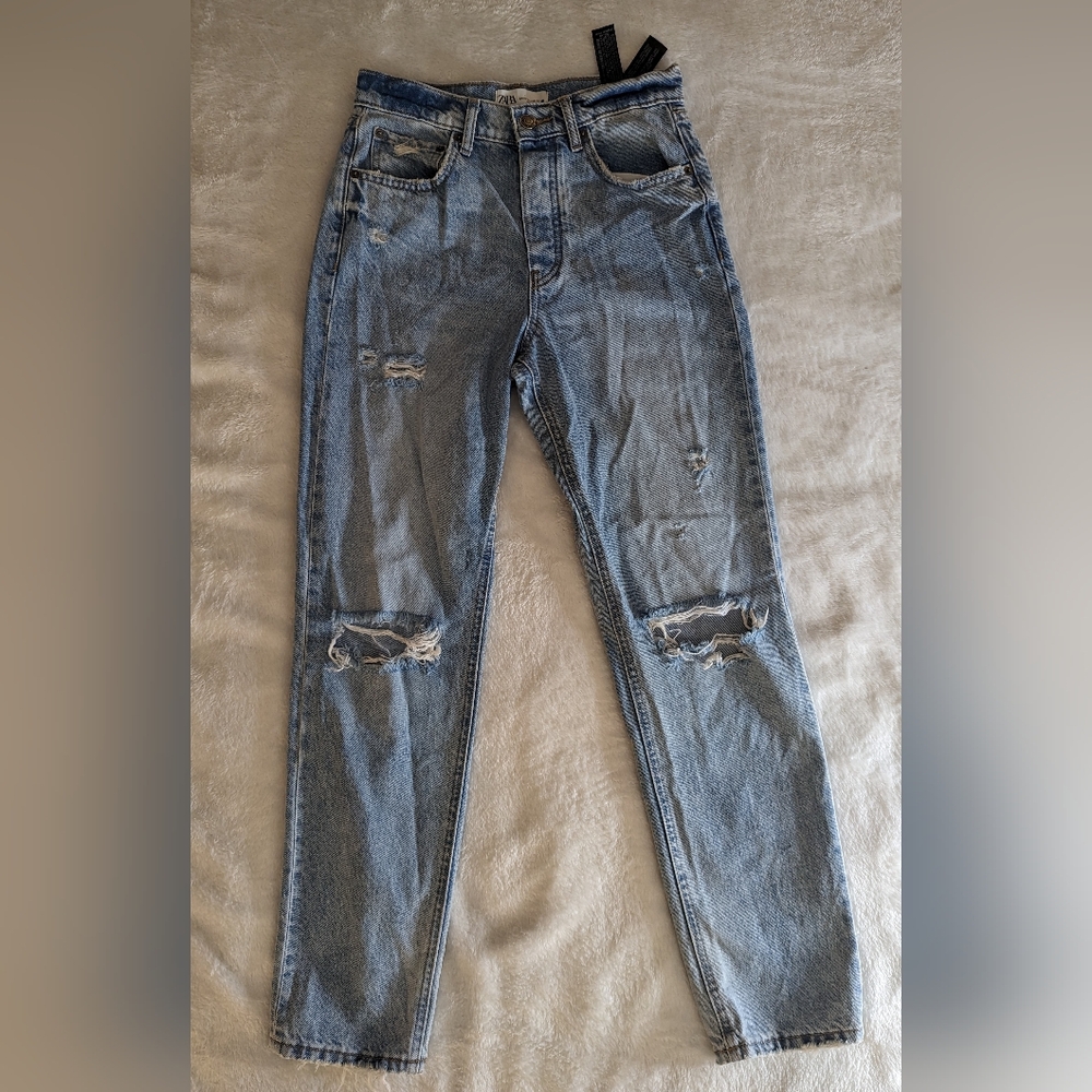 Zara Jeans Womens 4 Ripped Medium Light Wash Denim High Rise Straight Leg